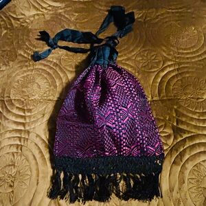 Amazing Vintage 1920s Purple/Burgundy Brocade Potli Fringe Evening Bag